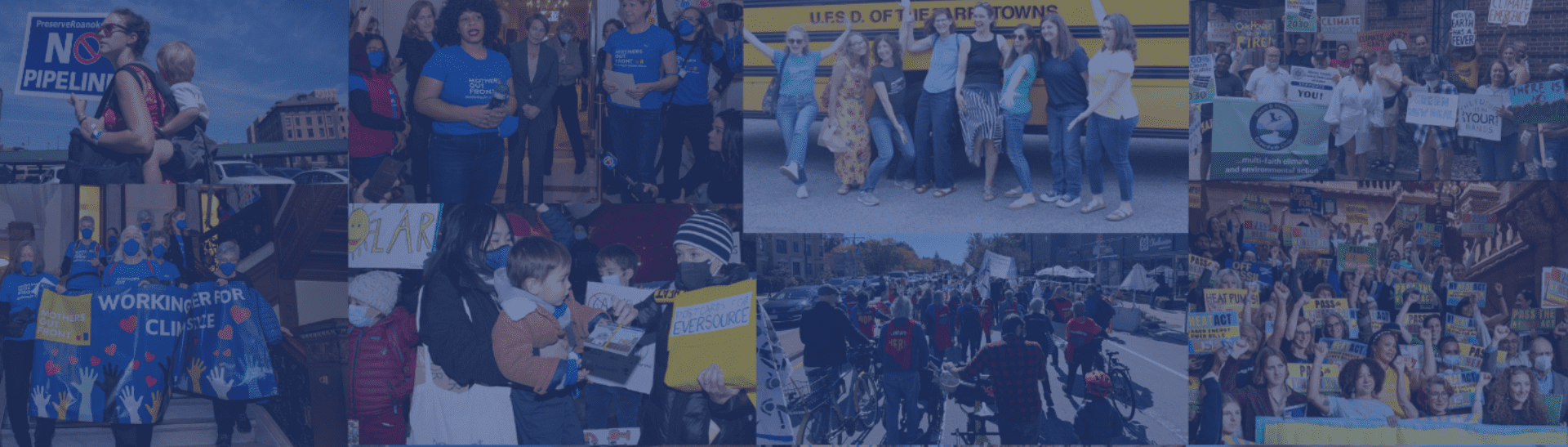 A photo collage with blue overlay of mothers out front at different events and protests.