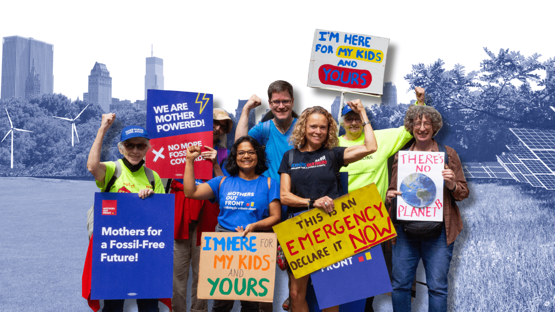 Our Priorities header; A group of people holding signs protesting fossil fuels.