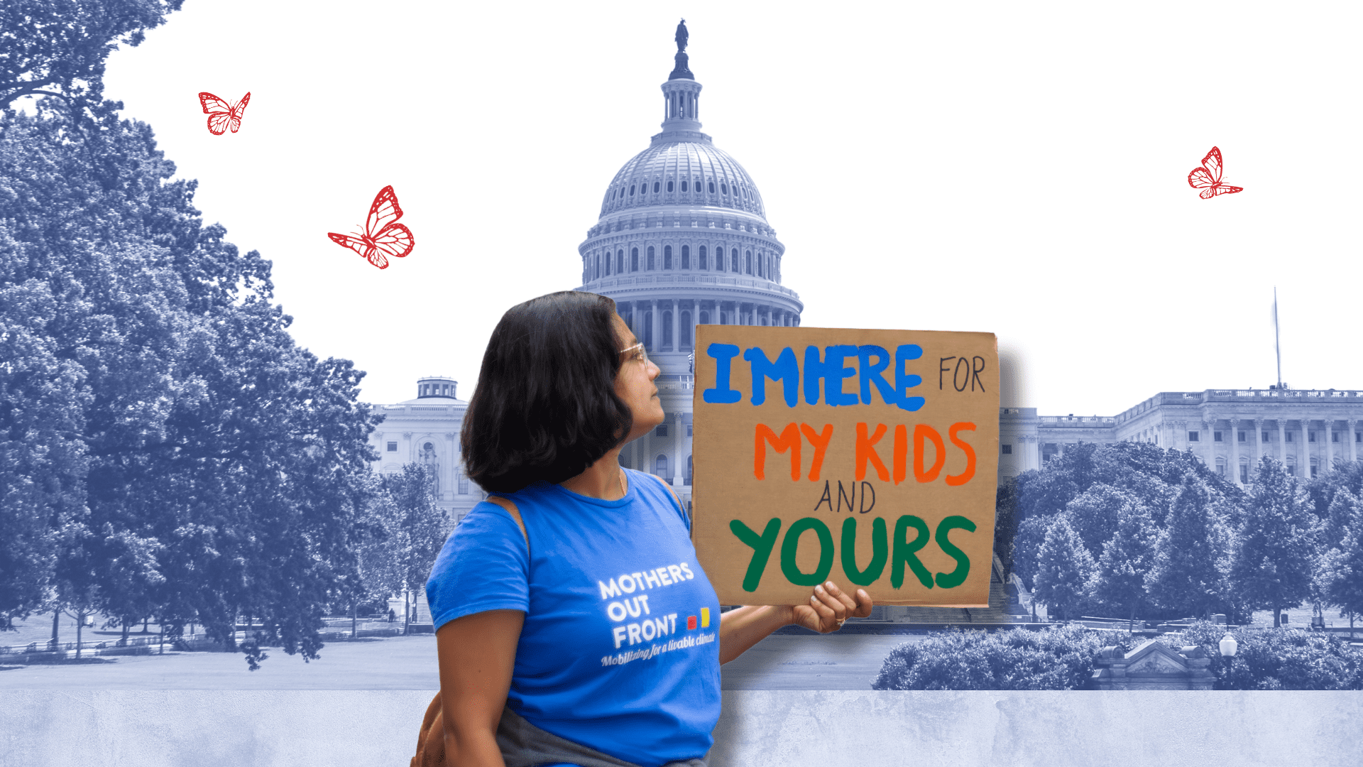 Woman wearing a mothers out front shirt with a blue and white background