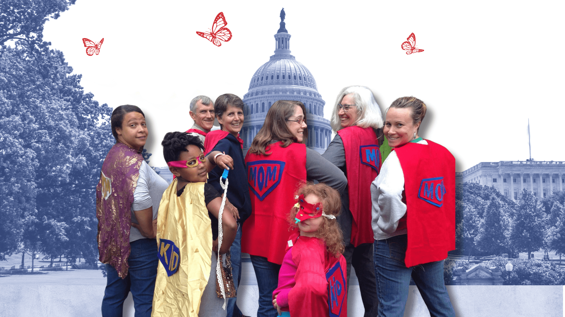 A group of moms and children in "supermom" capes with a blue background.