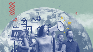Earth Day graphic with teal backgrouond