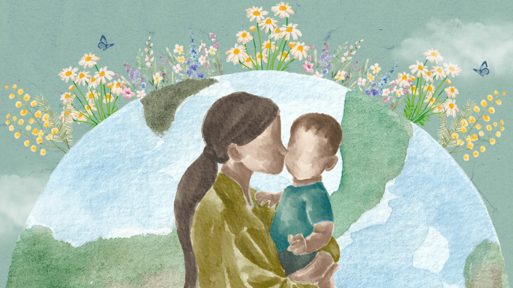 Watercolor graphic of a mother and child in front of planet earth surrounded by flowers