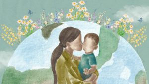 Watercolor graphic of a mother and child in front of planet earth surrounded by flowers