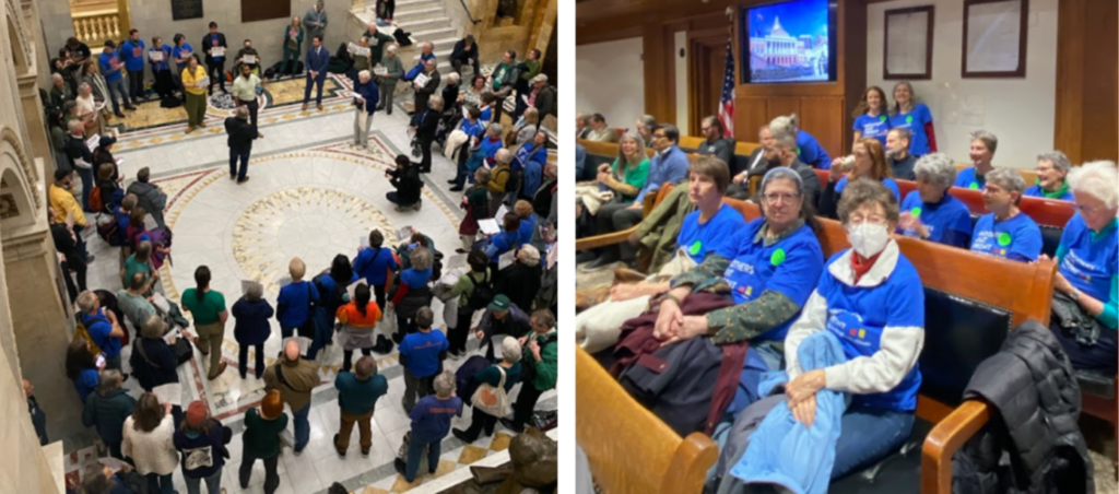 Two images showing groups meeting during a hearing.